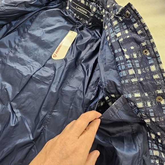 NWT Lands' End PrimaLoft Long Plaid Quilted Puffer Coat Blue White Size 4 - Picture 9 of 14